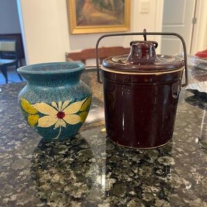 Lot if 2 , Vintage Mexico Blue Floral Vase and Brown Crock with bail handle Jar